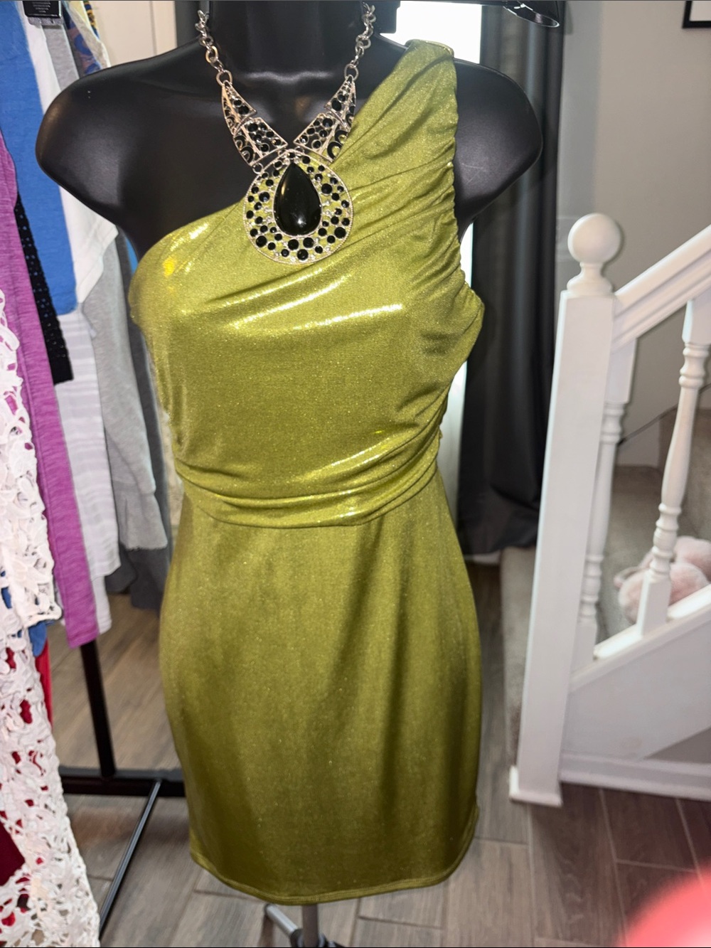 Windsor One-Shoulder Shimmer Olive Dress Medium